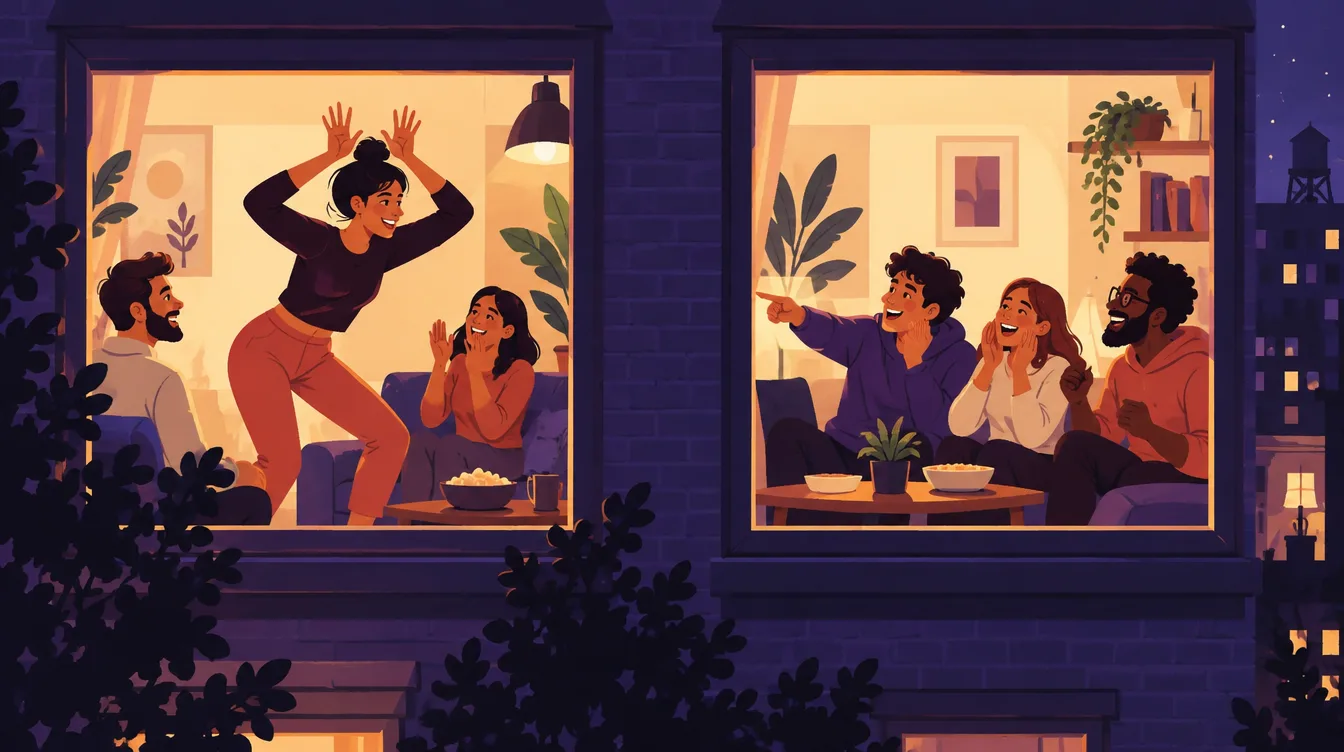 Illustrated friends acting out charades across different rooms